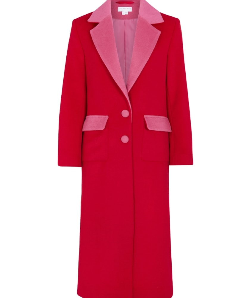 Front of a size L Red Wool 55 Coat in Red / Pink by Never Fully Dressed. | dia_product_style_image_id:319275